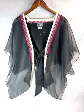 First Glance M Vintage Whimseygoth Black Sheer Tie-Front Kimono Top w Pink Trim
